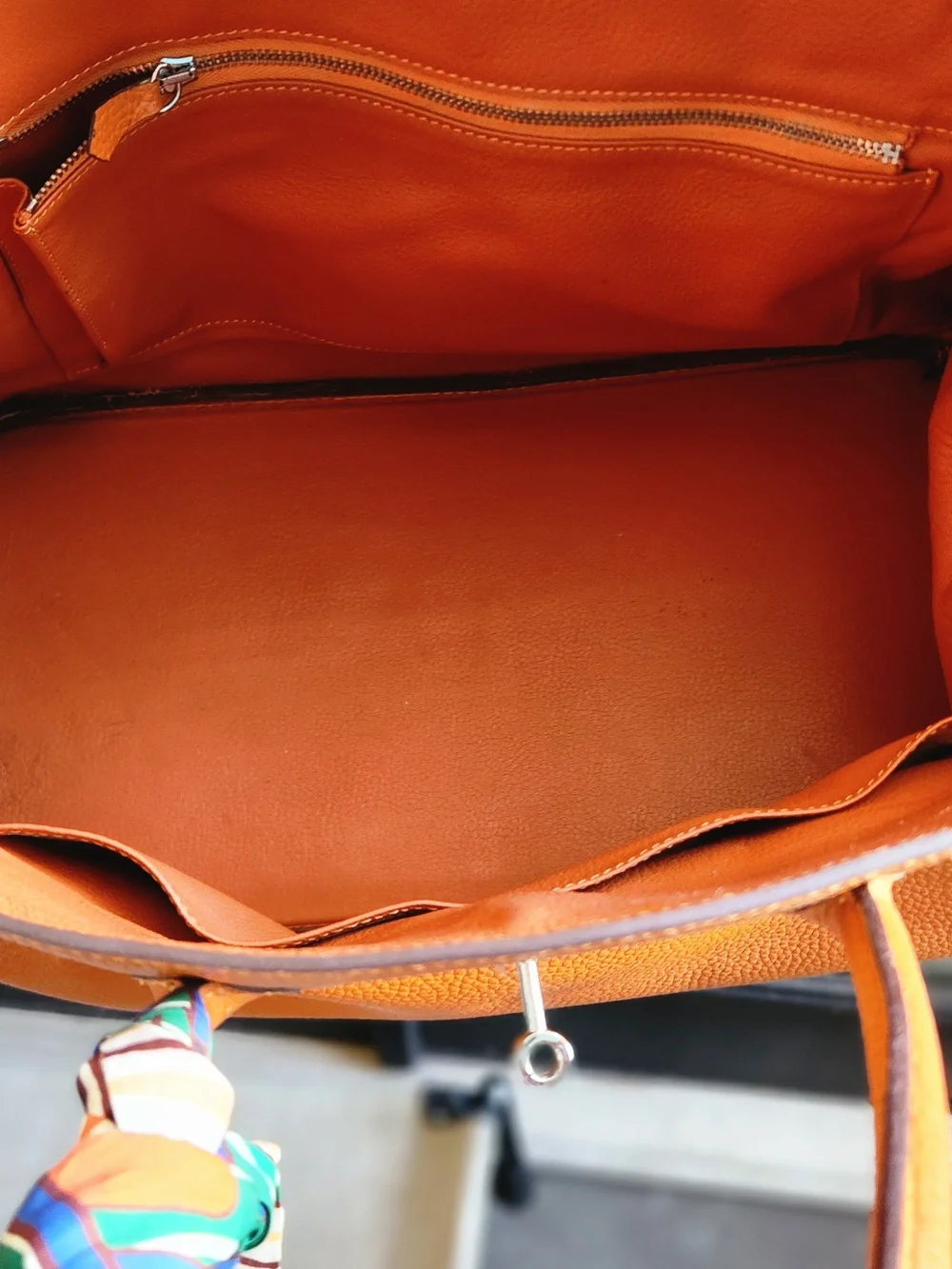 Elegant Orange Leather Tote Bag with Scarf Accent